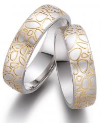 585 Weiss-Gelbgold, seidenmatt mit Muster,  August Gerstner Exclusive Wedding rings