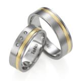 Los anillos de boda 068.1300.D30RG + 068.13S01.D30RG Edelstahl / 750 Gelbgoldeinlage, 6,00 mm Breite, seidenmatt, 3 Brillanten 0,024 ct. TW/SI,