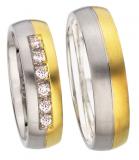 Marrying 585Weißgold /Gelbgold, 6,00 mm Breite, seidenmatt / Rille poliert, 6 Brillanten zusammen 0,18 ct. W/SI,