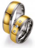 Promise Rings Edelstahl /585 Gelbgold, 7,00 mm Breite, seidenmatt/ poliert, 3 Brillanten 0,125 ct. W/SI,