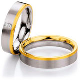 Los anillos de boda Edelstahl/ 585 Gelbgold, 5,00 mm Breite, seideinmatt, 2 Brillanten 0,03 ct. W/SI,