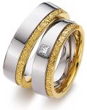 Marrying 585 Weissgold / Gelbgold, 6,00 mm Breite, poliert mit Muster, 1Prinzess - Diamant 0,12 ct TW/VVSI,