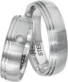 Los anillos de boda Edelstahl, 6,00 mm Breite, seidenmatt mit 2 Fugen, 1 Zirkonia,